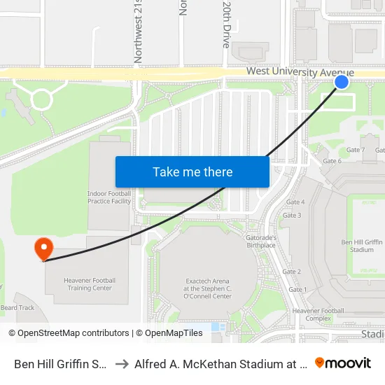 Ben Hill Griffin Stadium to Alfred A. McKethan Stadium at Perry Field map