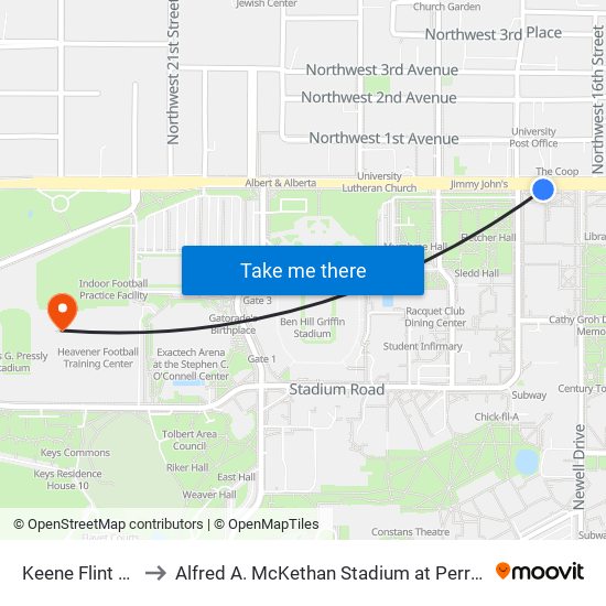 Keene Flint Hall to Alfred A. McKethan Stadium at Perry Field map