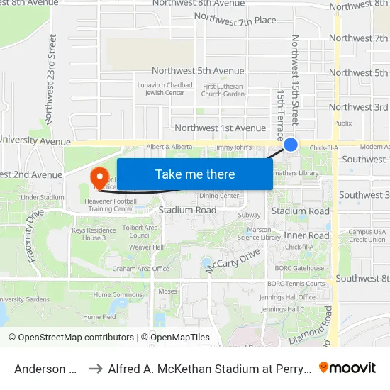 Anderson Hall to Alfred A. McKethan Stadium at Perry Field map