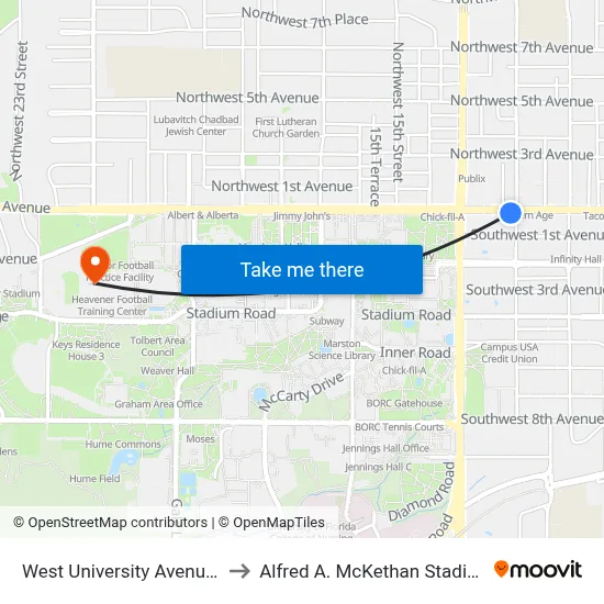 West University Avenue & SW 12th St to Alfred A. McKethan Stadium at Perry Field map