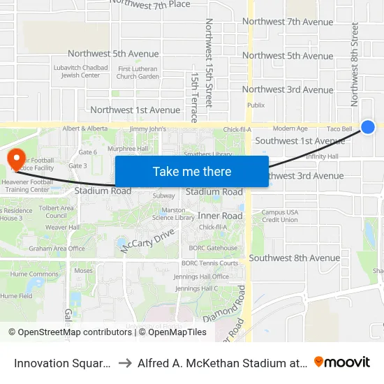 Innovation Square North to Alfred A. McKethan Stadium at Perry Field map