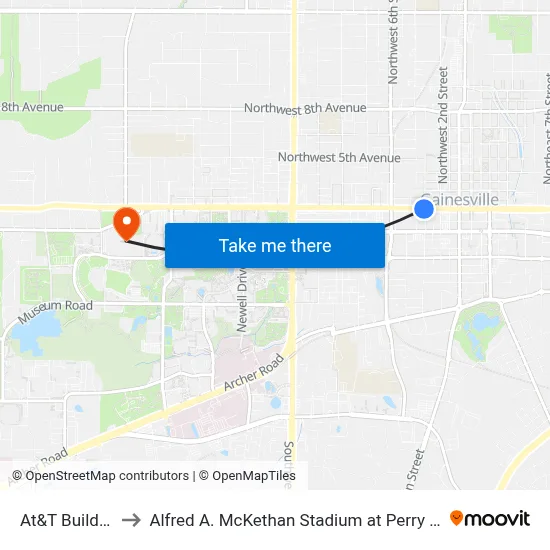 At&T Building to Alfred A. McKethan Stadium at Perry Field map