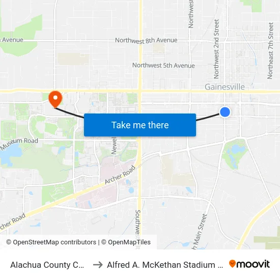 Alachua County Courthouse to Alfred A. McKethan Stadium at Perry Field map