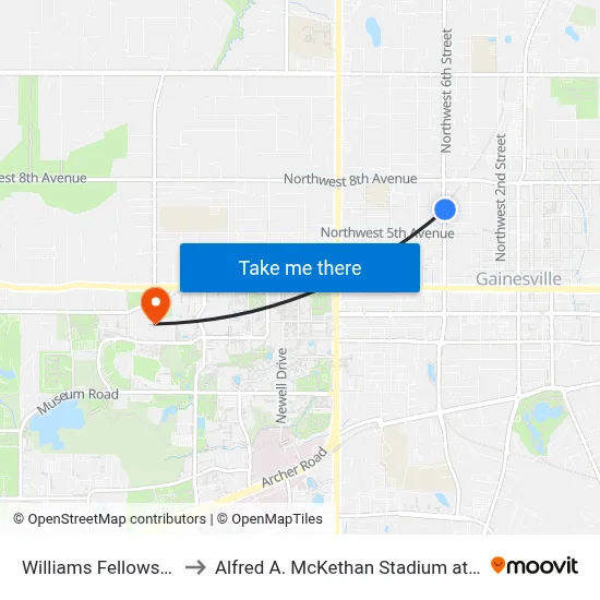 Williams Fellowship Hall to Alfred A. McKethan Stadium at Perry Field map