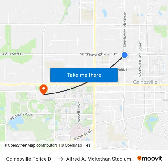 Gainesville Police Department to Alfred A. McKethan Stadium at Perry Field map
