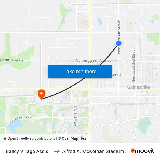 Bailey Village Assisted Living to Alfred A. McKethan Stadium at Perry Field map