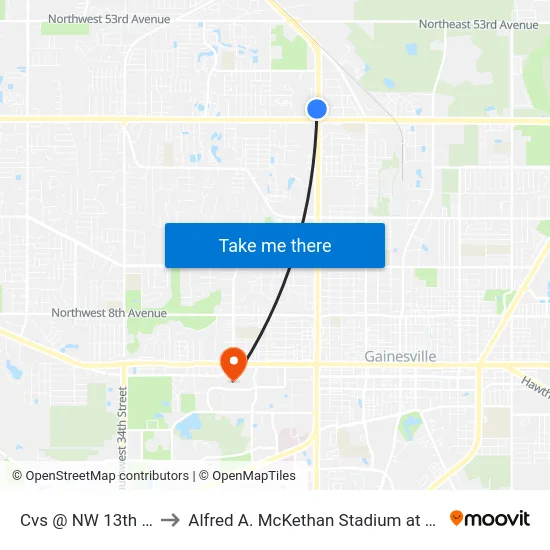 Cvs @ NW 13th Street to Alfred A. McKethan Stadium at Perry Field map