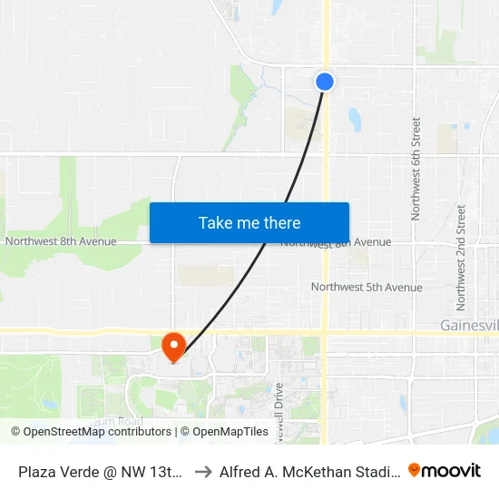 Plaza Verde @ NW 13th St Southbound to Alfred A. McKethan Stadium at Perry Field map