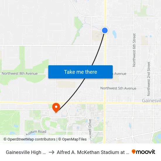Gainesville High School to Alfred A. McKethan Stadium at Perry Field map