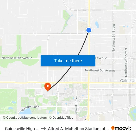 Gainesville High School to Alfred A. McKethan Stadium at Perry Field map
