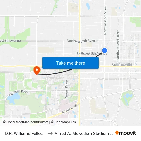 D.R. Williams Fellowship Hall to Alfred A. McKethan Stadium at Perry Field map