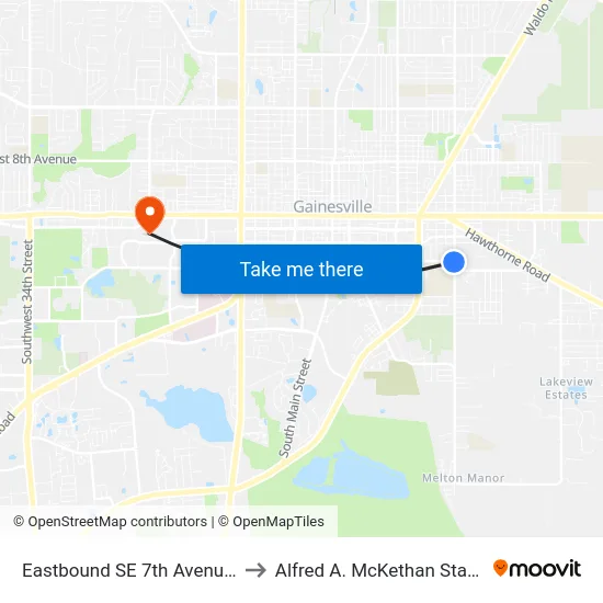 Eastbound SE 7th Avenue @ SE 15th Street to Alfred A. McKethan Stadium at Perry Field map