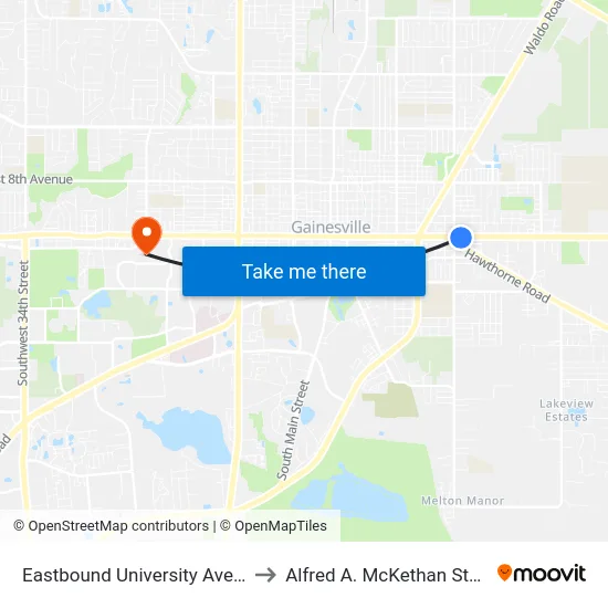 Eastbound University Avenue @ SE 15th Street to Alfred A. McKethan Stadium at Perry Field map