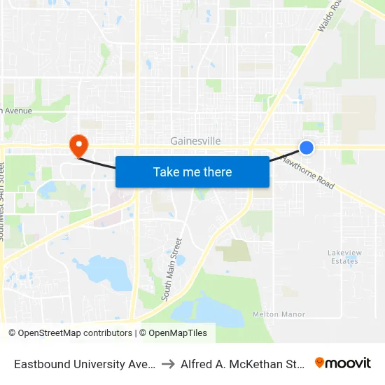 Eastbound University Avenue @ SE 21st Street to Alfred A. McKethan Stadium at Perry Field map
