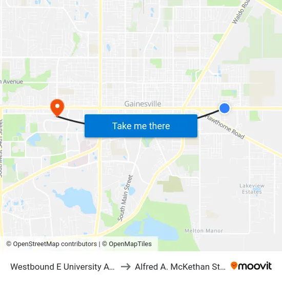 Westbound E University Avenue @ SE 21st Street to Alfred A. McKethan Stadium at Perry Field map