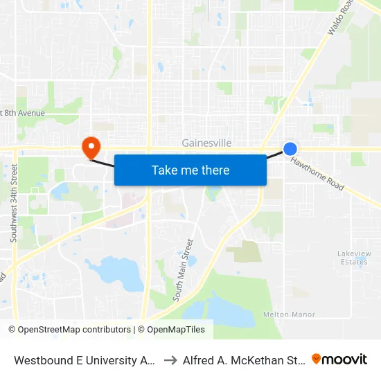 Westbound E University Avenue @ NE 16th Street to Alfred A. McKethan Stadium at Perry Field map