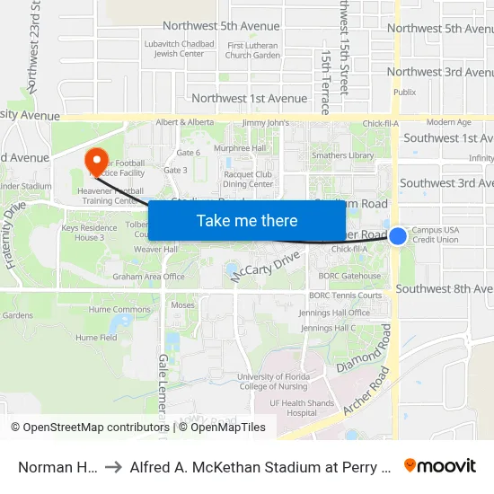 Norman Hall to Alfred A. McKethan Stadium at Perry Field map