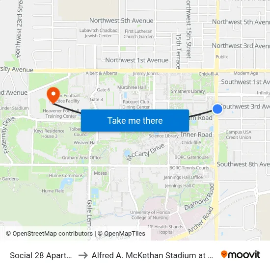 Social 28 Apartments to Alfred A. McKethan Stadium at Perry Field map