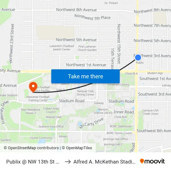 Publix @ NW 13th St And W Univ Ave to Alfred A. McKethan Stadium at Perry Field map