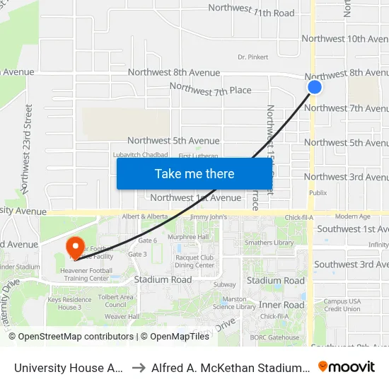 University House Apartments to Alfred A. McKethan Stadium at Perry Field map