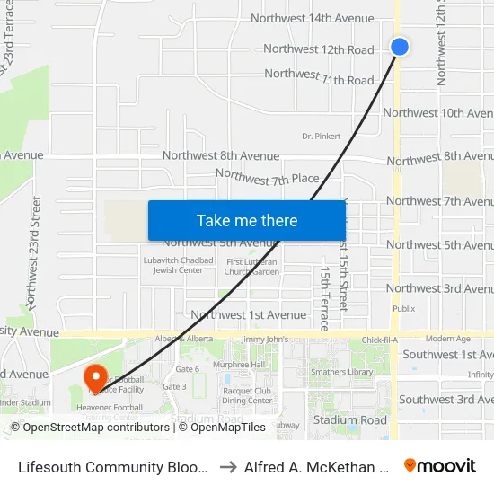 Lifesouth Community Blood Center @ NW 13th Street to Alfred A. McKethan Stadium at Perry Field map