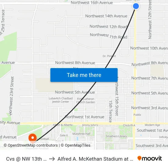 Cvs @ NW 13th Street to Alfred A. McKethan Stadium at Perry Field map