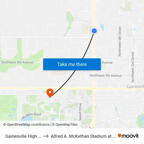 Gainesville High School to Alfred A. McKethan Stadium at Perry Field map