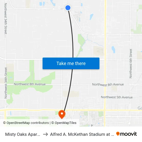 Misty Oaks Apartments to Alfred A. McKethan Stadium at Perry Field map