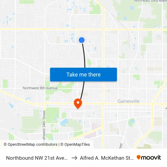 Northbound NW 21st Avenue @ NW 33rd Avenue to Alfred A. McKethan Stadium at Perry Field map