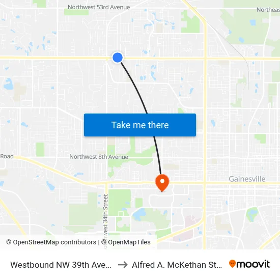 Westbound NW 39th Avenue @ NW 31st Street to Alfred A. McKethan Stadium at Perry Field map