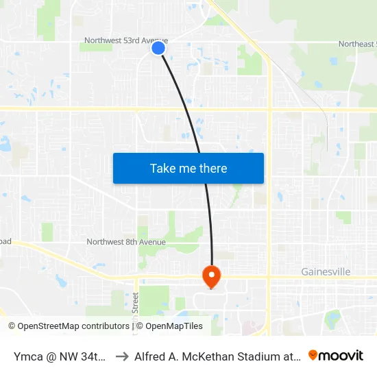 Ymca @ NW 34th Street to Alfred A. McKethan Stadium at Perry Field map