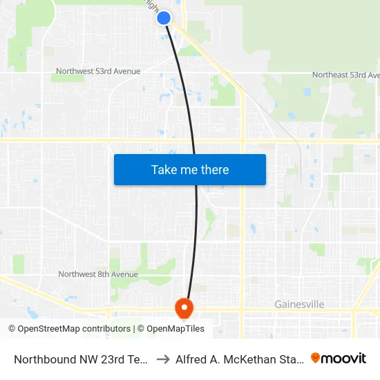 Northbound NW 23rd Terrace @ Us Hwy 441 to Alfred A. McKethan Stadium at Perry Field map