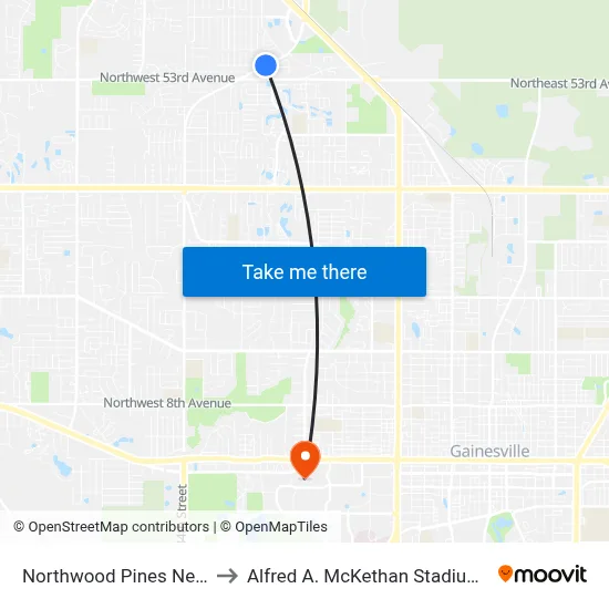 Northwood Pines Neighborhood to Alfred A. McKethan Stadium at Perry Field map