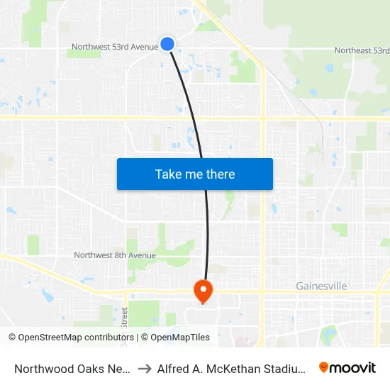 Northwood Oaks Neighborhood to Alfred A. McKethan Stadium at Perry Field map