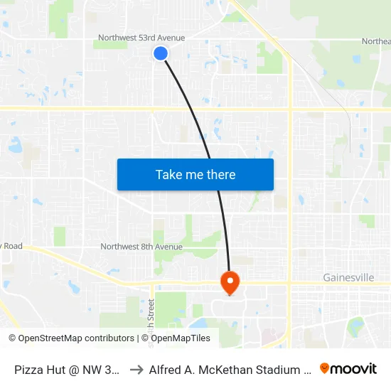 Pizza Hut @ NW 34th Street to Alfred A. McKethan Stadium at Perry Field map