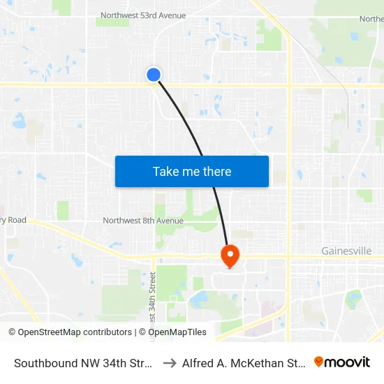 Southbound NW 34th Street @ NW 41st Avenue to Alfred A. McKethan Stadium at Perry Field map