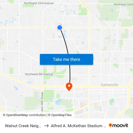 Walnut Creek Neighborhood to Alfred A. McKethan Stadium at Perry Field map