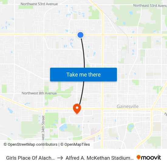 Girls Place Of Alachua County to Alfred A. McKethan Stadium at Perry Field map