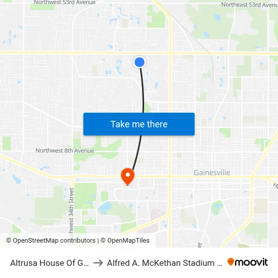 Altrusa House Of Gainesville to Alfred A. McKethan Stadium at Perry Field map