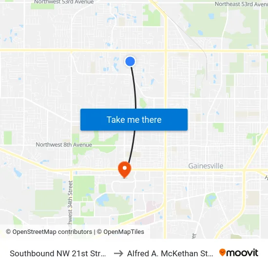 Southbound NW 21st Street @ NW 36th Avenue to Alfred A. McKethan Stadium at Perry Field map