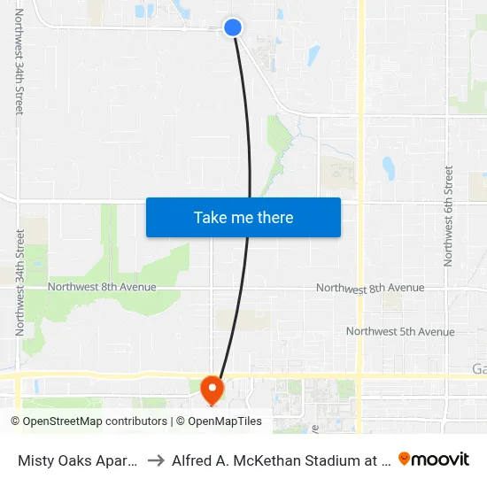 Misty Oaks Apartments to Alfred A. McKethan Stadium at Perry Field map