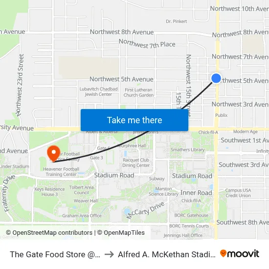 The Gate Food Store @ NW 13th Street to Alfred A. McKethan Stadium at Perry Field map
