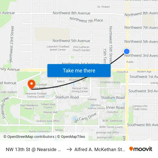 NW 13th St @ Nearside NW 3rd Pl Southbound to Alfred A. McKethan Stadium at Perry Field map