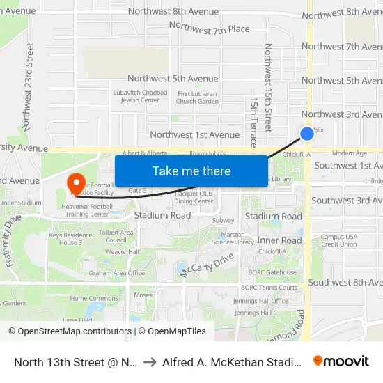 North 13th Street @ NW 1st Avenue to Alfred A. McKethan Stadium at Perry Field map