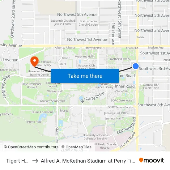 Tigert Hall to Alfred A. McKethan Stadium at Perry Field map