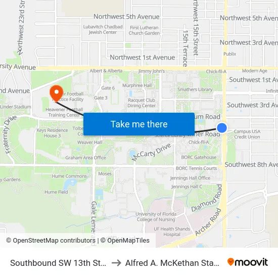 Southbound SW 13th Street @ Inner Road to Alfred A. McKethan Stadium at Perry Field map