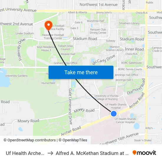 Uf Health Archer Road to Alfred A. McKethan Stadium at Perry Field map