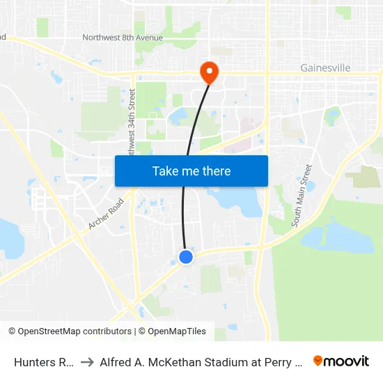 Hunters Run to Alfred A. McKethan Stadium at Perry Field map