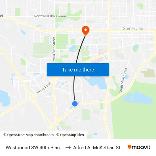 Westbound SW 40th Place @ NW 26th Terrace to Alfred A. McKethan Stadium at Perry Field map