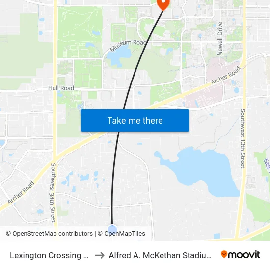 Lexington Crossing Apartments to Alfred A. McKethan Stadium at Perry Field map